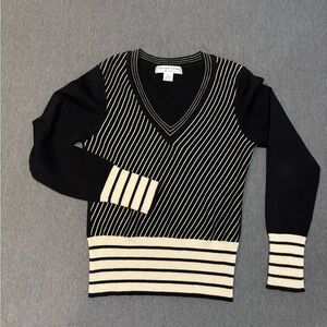 Trina Turk Black and Cream V-Neck Sweater